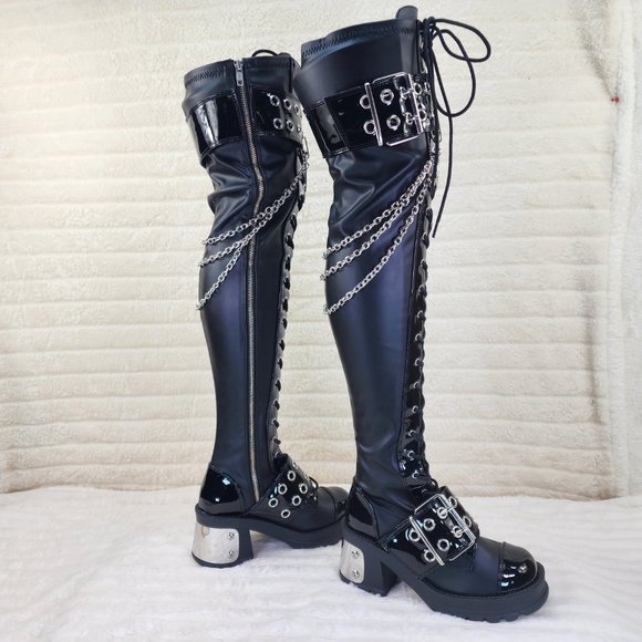 Bratty Big Buckle Strap Drape Chain Block Heel Stretch Thigh Goth Boots - Picture 12 of 15